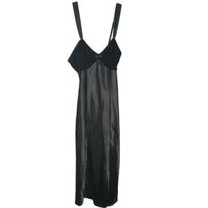 Vintage Lingerie Cacique Long Black Sexy Satin Slip Dress M Velvet Bodice w/Bow